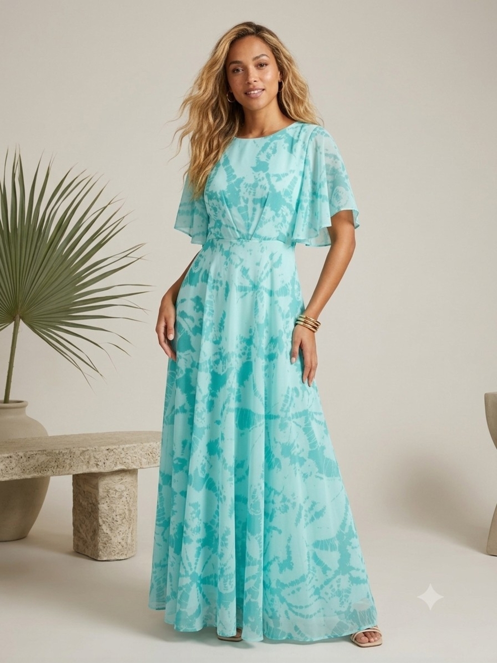 Aqua Tie-Dye Flutter-Sleeve Maxi Dress
